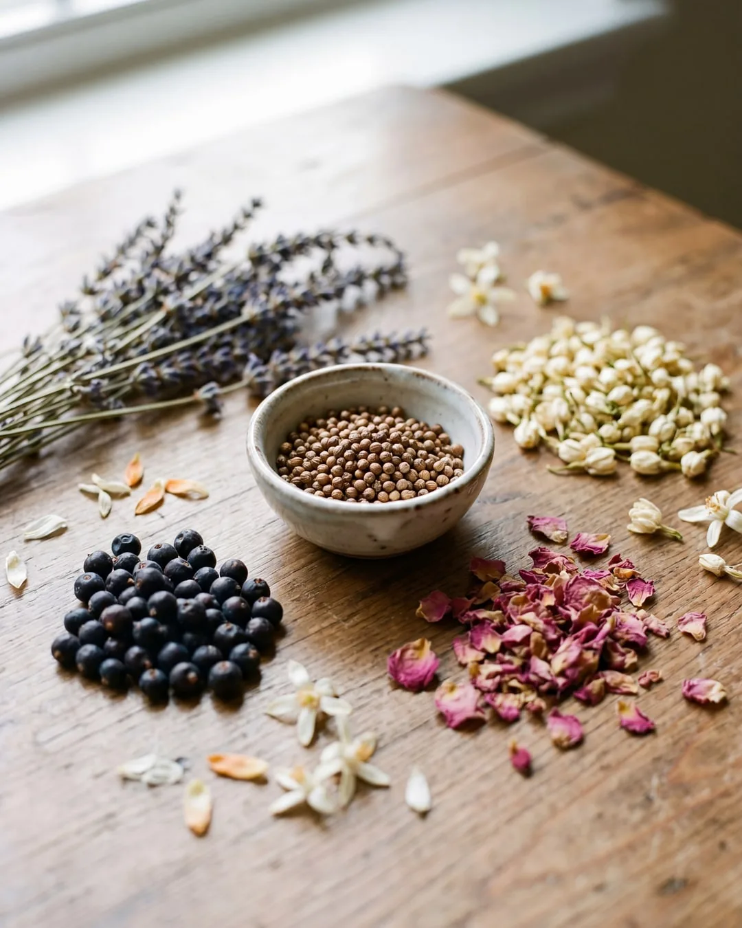 Malaria botanicals — juniper, coriander, citrus and flowers