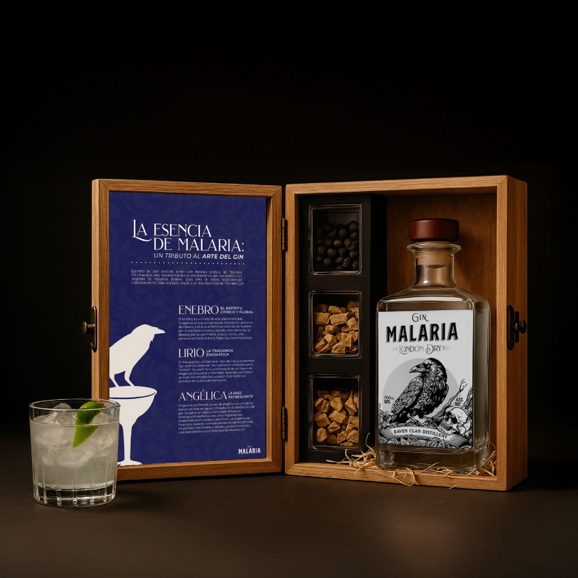Malaria London Dry + Estuche Madera + Botánicos